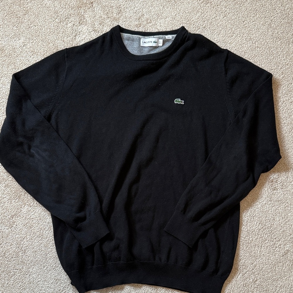 Lacoste Black Cotton Crewneck Sweater with Green Croc Logo